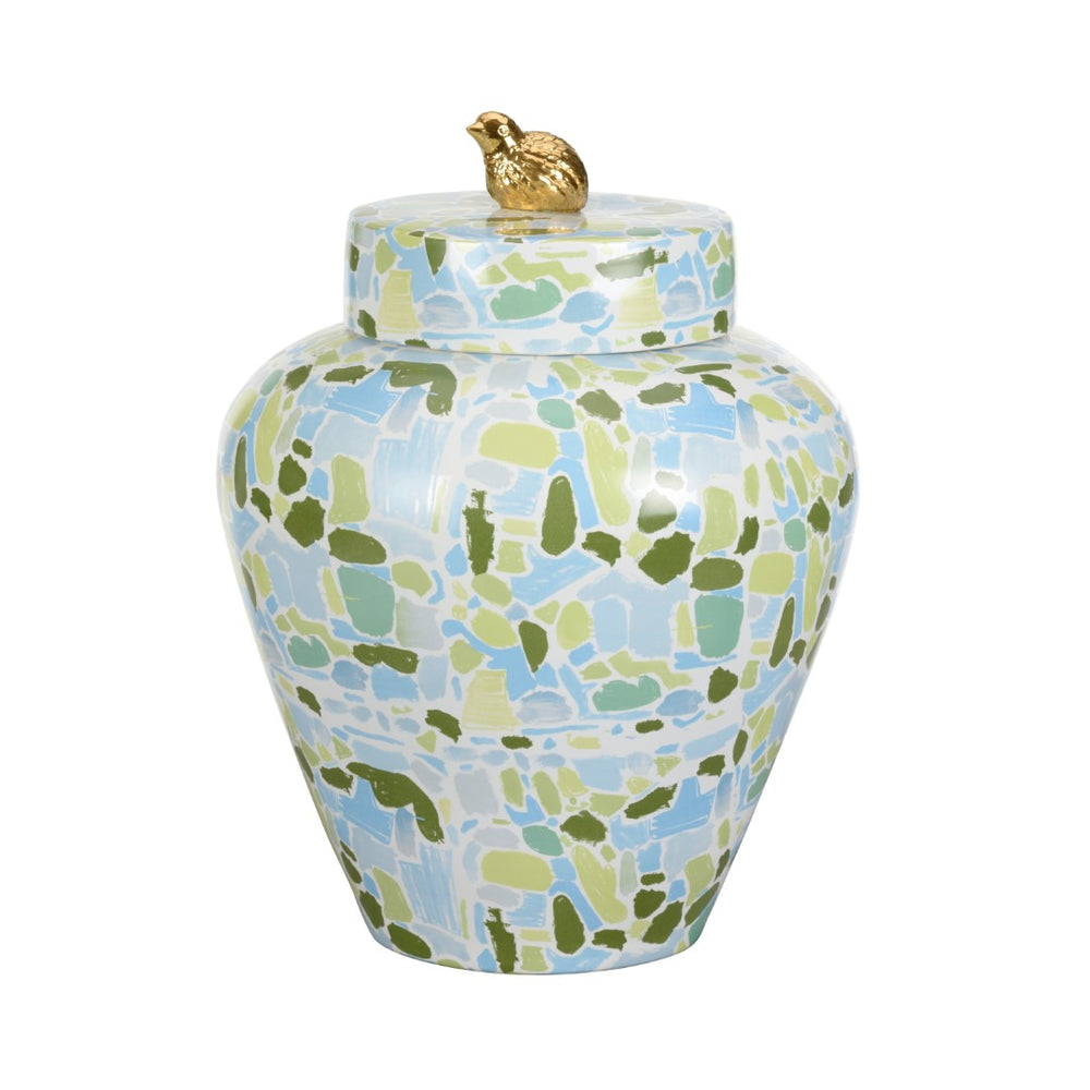 Lumberton Jar With Lid - Stunning Ceramic Decor in Blues & Greens Featuring a Gold Quail Top