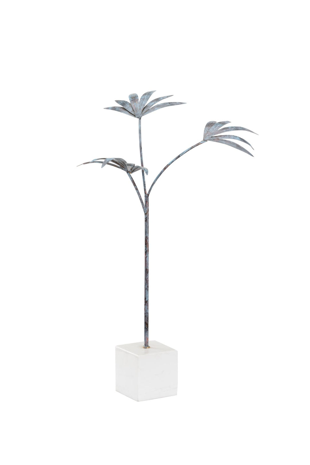 Leaf Sculpture - Elegant Blue Patina Design with White Marble Base for Modern Home Décor 25.8"