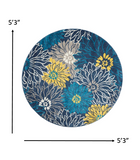5’ Round Blue Tropical Flower Area Rug