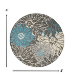 4’ Round Charcoal and Blue Big Flower Area Rug