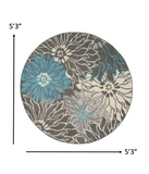 5’ Round Charcoal and Blue Big Flower Area Rug