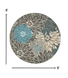 8’ Round Charcoal and Blue Big Flower Area Rug