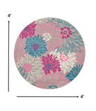 4’ Round Gray and Pink Tropical Flower Area Rug