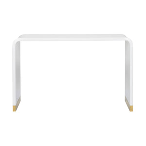Waterfall Console Table - Elegant White Acrylic with Polished Brass Feet, Designed by Bill Cain