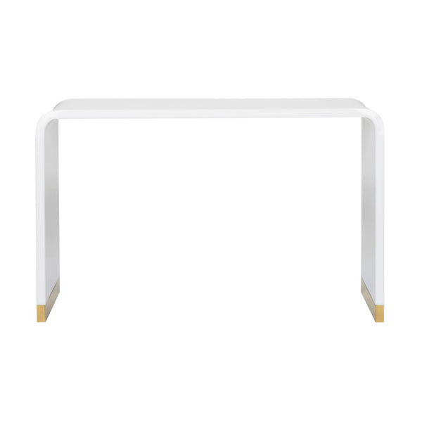 Waterfall Console Table - Elegant White Acrylic with Polished Brass Feet, Designed by Bill Cain