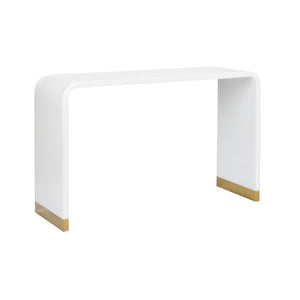 Waterfall Console Table - Elegant White Acrylic with Polished Brass Feet, Designed by Bill Cain