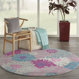 5’ Round Gray and Pink Tropical Flower Area Rug