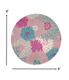 8’ Round Gray and Pink Tropical Flower Area Rug