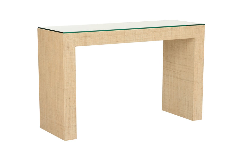 Jamila Console Table – Elegant Wood & Natural Raffia Design with Removable Glass Top for Chic Décor