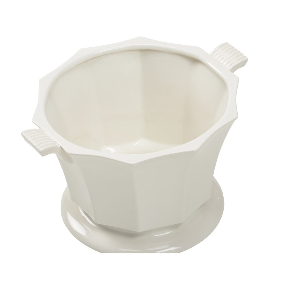 Baron Cachepot - Elegant White Ceramic Planter with Faceted Sides & Pedestal Base, 8.5"H x 10"W