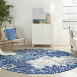 8’ Round Navy and Ivory Floral Area Rug