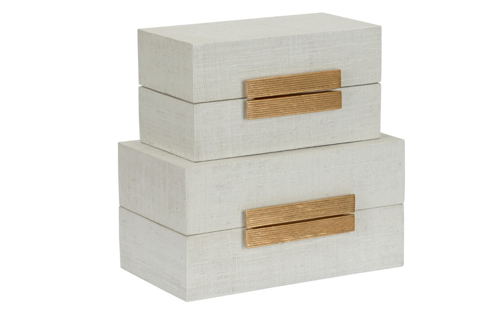 Raffia Boxes Set of 2 - Elegant White with Gold Leaf Hardware, Stylish Storage Solution for Home Decor