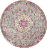 4’ Round Gray and Pink Medallion Area Rug