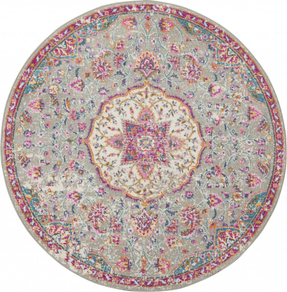 5’ Round Gray and Pink Medallion Area Rug