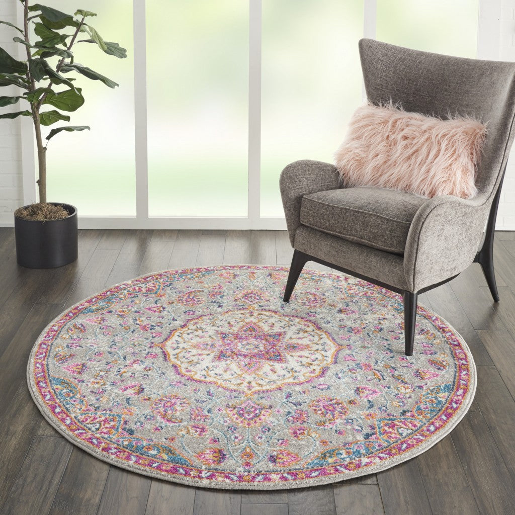 5’ Round Gray and Pink Medallion Area Rug