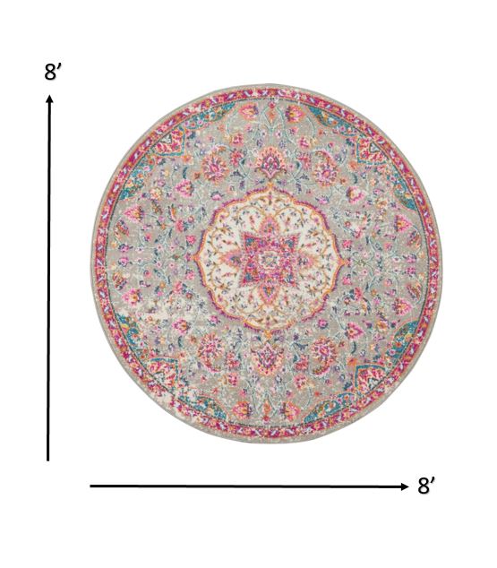 8’ Round Gray and Pink Medallion Area Rug