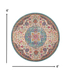 4’ Round Pink and Blue Floral Medallion Area Rug