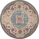 5’ Round Pink and Blue Floral Medallion Area Rug