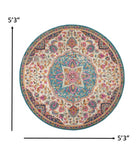 5’ Round Pink and Blue Floral Medallion Area Rug