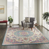 7’ x 10’ Pink and Blue Floral Medallion Area Rug