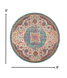 8’ Round Pink and Blue Floral Medallion Area Rug