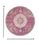 4’ Round Pink and Ivory Medallion Area Rug