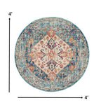 4’ Round Ivory and Light Blue Distressed Area Rug