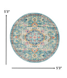 5’ Round Light Blue and Ivory Distressed Area Rug