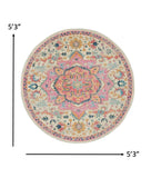 5’ Round Ivory and Pink Medallion Area Rug