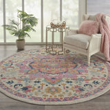 8’ Round Ivory and Pink Medallion Area Rug