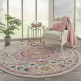 8’ Round Ivory and Pink Medallion Area Rug