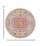 8’ Round Ivory and Pink Medallion Area Rug