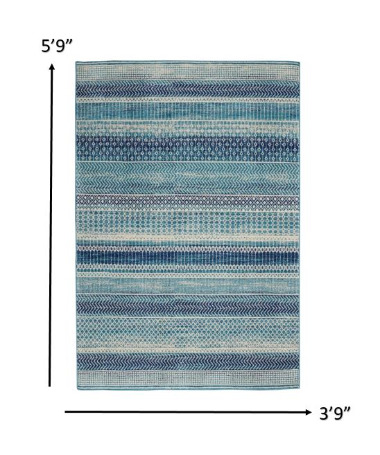 4’ x 6’ Navy Blue Ornate Stripes Area Rug