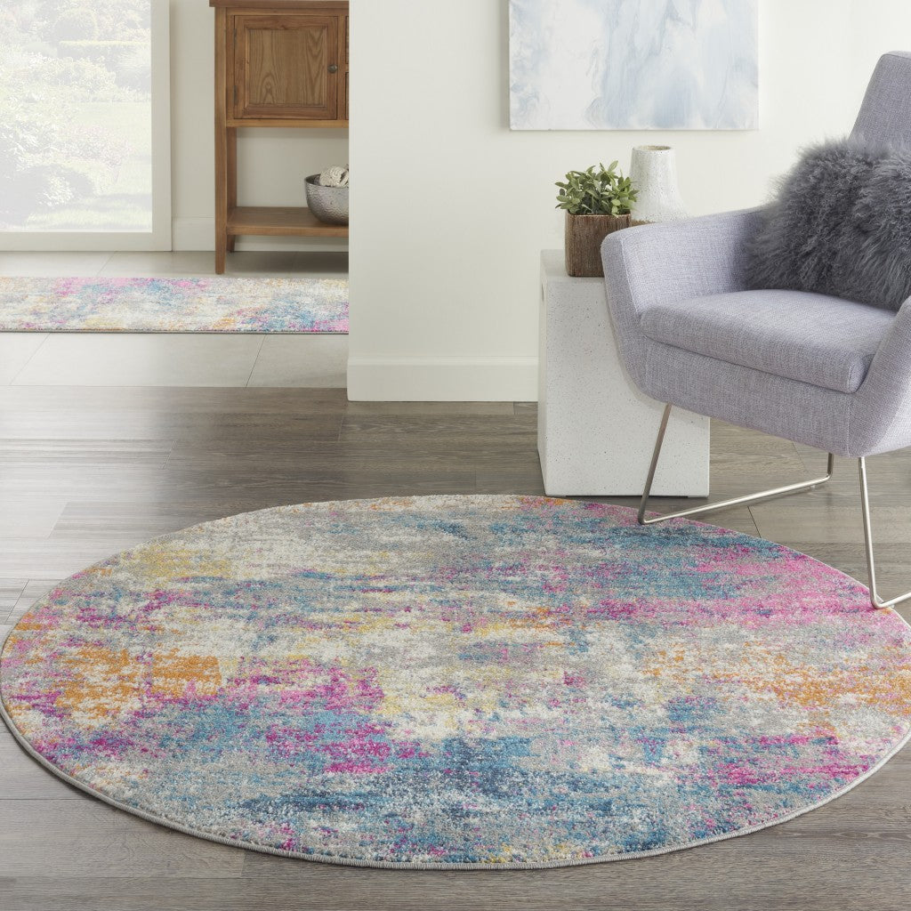 5’ Round Ivory and Multi Abstract Area Rug