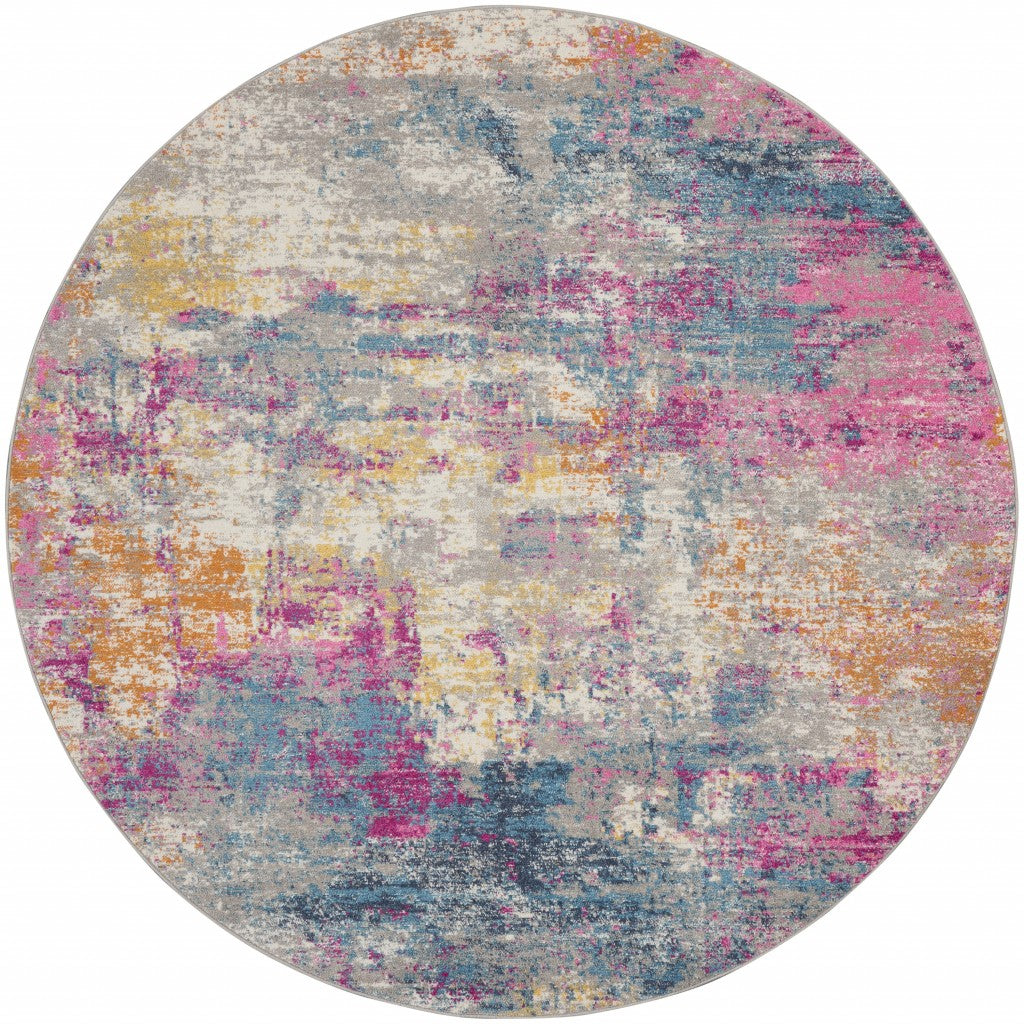 8’ Round Ivory and Multi Abstract Area Rug