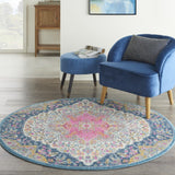 4’ Round Blue and Pink Medallion Area Rug