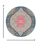 4’ Round Blue and Pink Medallion Area Rug