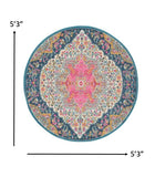 5’ Round Blue and Pink Medallion Area Rug