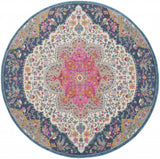 8’ Round Blue and Pink Medallion Area Rug