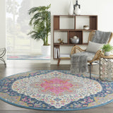 8’ Round Blue and Pink Medallion Area Rug