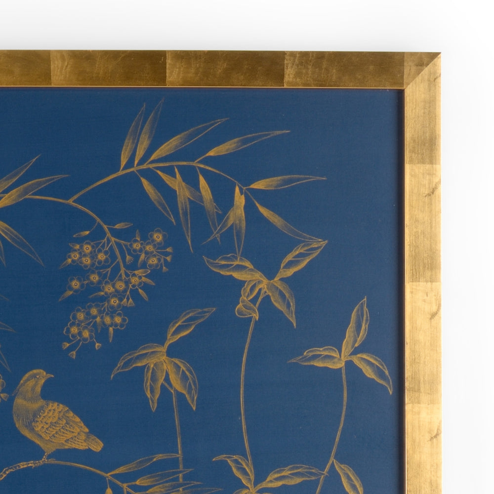 Gold Leaf Framed Watercolor Art on Silk - Stunning Blue and Gold Accent for Elegant Decor