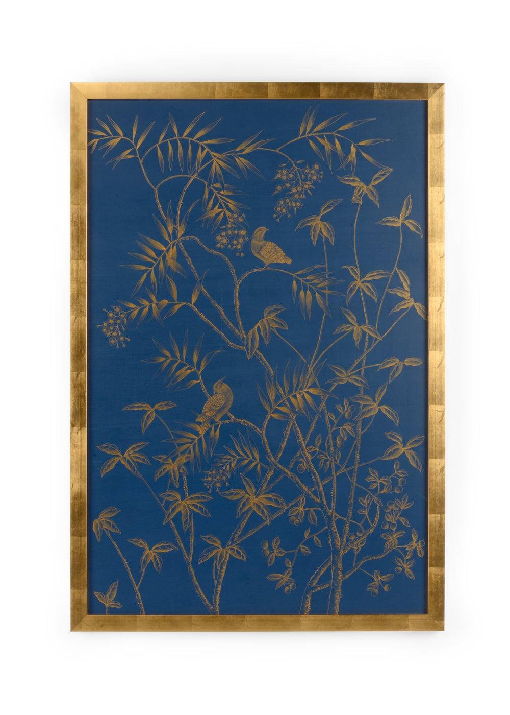 Gold Leaf Framed Watercolor Art on Silk - Stunning Blue and Gold Accent for Elegant Decor