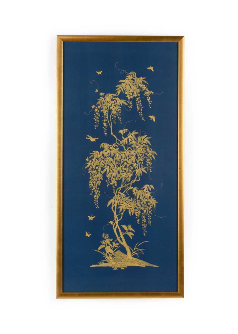 Gold Flowering Tree Art on Blue Silk with Elegant Gold Leaf Frame - Stunning Home Décor Piece!