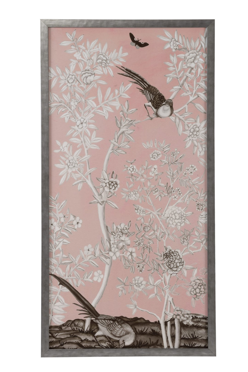 Blush Chinoiserie II - Elegant Giclee Print in Silver Frame, 50" x 26" Art for Stylish Decor