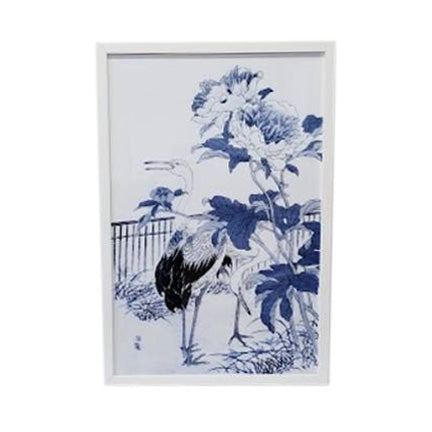 Blue Framed Asian Garden Art Piece - Elegant White Glass Display, 51" H x 35" W, Perfect for Home Decor