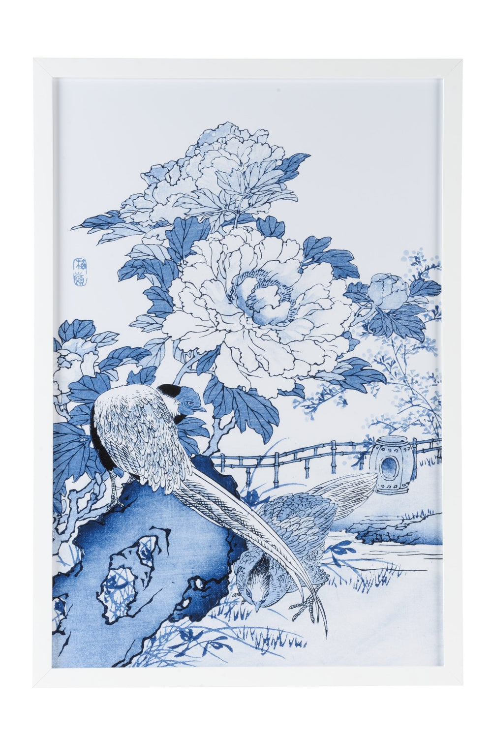 Blue Framed Giclee Print - Elegant Asian Gardenii Art, 51" x 35" - Perfect for Modern Decor!