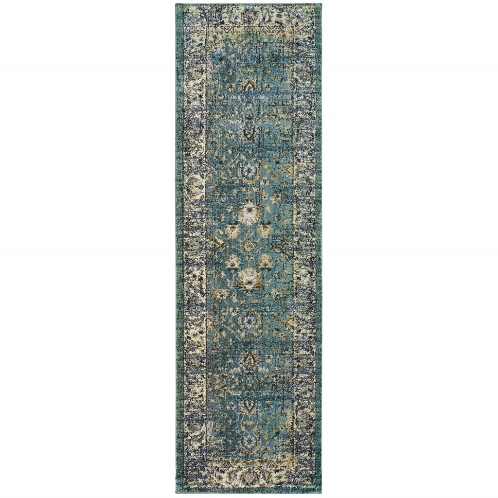2’ x 8’ Peacock Blue and Ivory Indoor Runner Rug