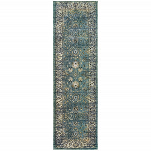 2’ x 8’ Peacock Blue and Ivory Indoor Runner Rug