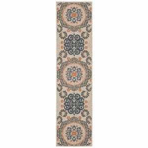 8' Grey Blue Floral Indoor Outdoor Runner Rug