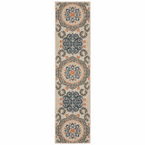 8' Grey Blue Floral Indoor Outdoor Runner Rug